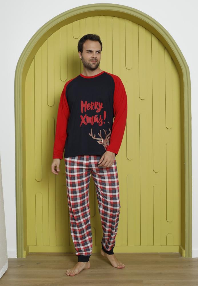 Pijama barbati Craciun "Meryy Xmas" maneca lunga ,pantaloni lungi,Culoare Rosu, Engros